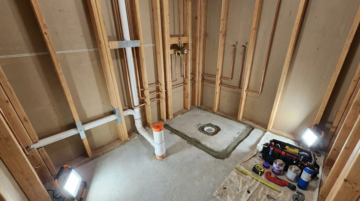Bathroom rough-in plumbing during remodel by Johns Plumbing LLC in Erwinville