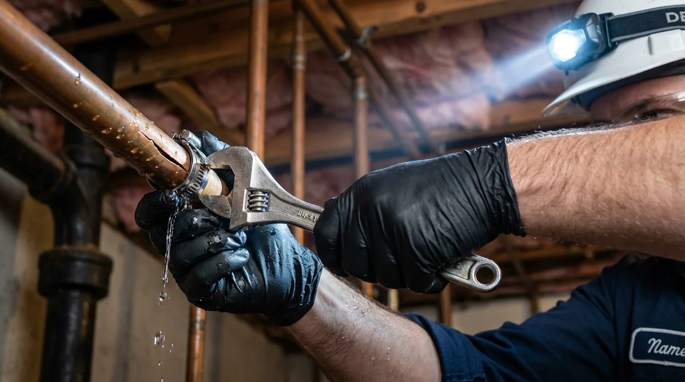 Emergency pipe clamp repair being performed by a Johns Plumbing LLC plumber in Erwinville