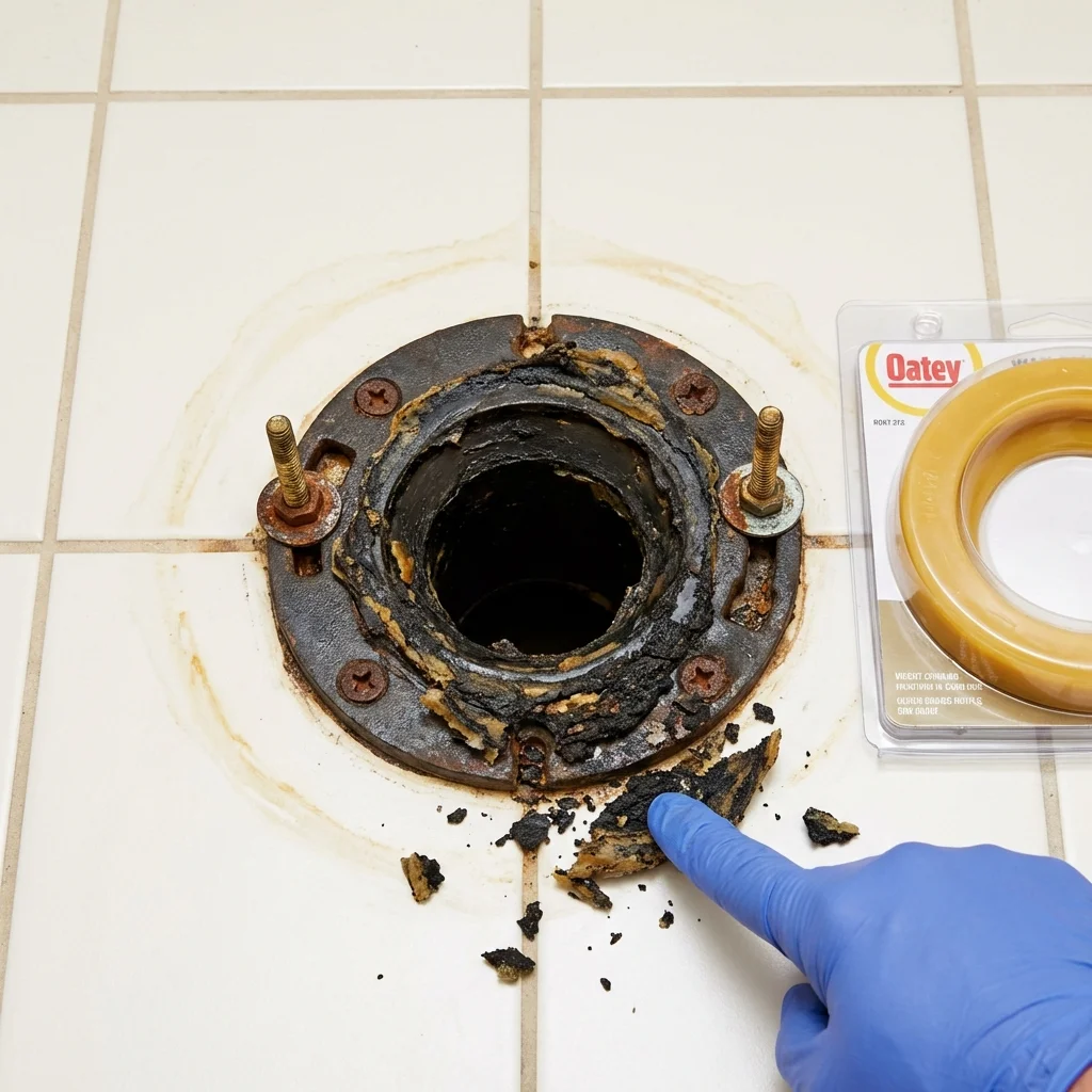 Failed wax ring showing water seepage at the base of a toilet in a Erwinville, LA home