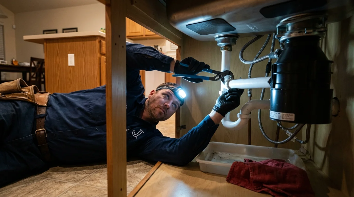 P-trap and supply line connections under a kitchen sink showing a common leak point in Erwinville, LA
